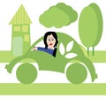 Children`s drawing of a green electric car with a girl driving around the city. Royalty Free Stock Photo